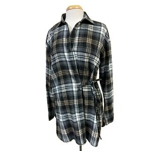 NEW Robert Rodriguez Button Up Tunic Shirt w/ Side Tie Black Plaid Flannel SZ S